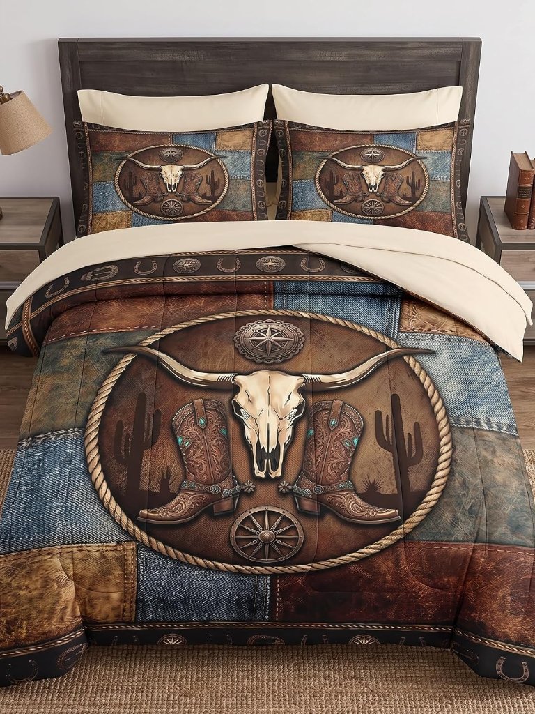 7 Pcs King Size Comforter Set With 2 Pillowcases & 2 Shams, Western Cowboy Rusti
